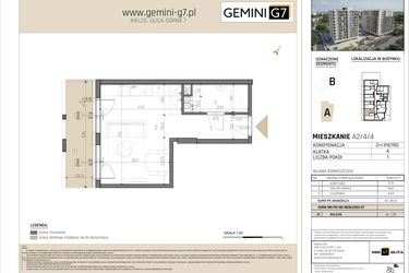 Rzut - Mieszkanie na sprzedaż 1 pokój o powierzchni 28,21 m² - numer A2/4/4 w GEMINI G-7