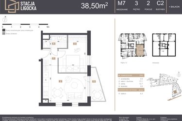Rzut - Mieszkanie na sprzedaż 2 pokoje o powierzchni 38,5 m² - numer C2_M7 w Stacja Ligocka