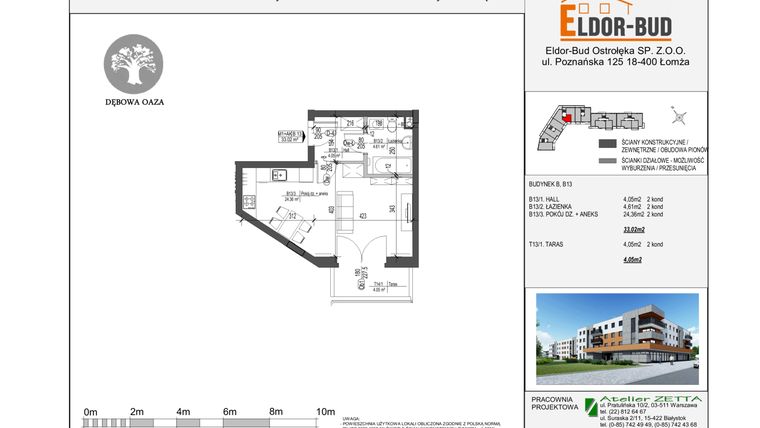 Rzut - Mieszkanie na sprzedaż 1 pokój o powierzchni 32,02 m² - numer K3 B13 w Dębowa Oaza