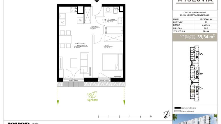 Rzut - Mieszkanie na sprzedaż 2 pokoje o powierzchni 39,34 m² - numer M.LM.20.2 w Myslovia