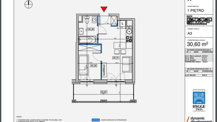Rzut - Mieszkanie na sprzedaż 2 pokoje o powierzchni 44,25 m² - numer M1 w Inwestycja Hrubieszów etap 1