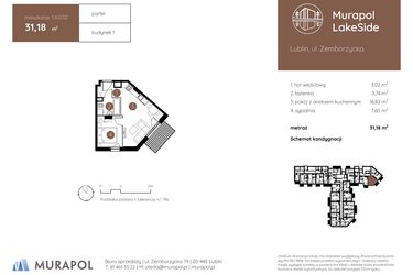 Rzut - Mieszkanie na sprzedaż 2 pokoje o powierzchni 31,18 m² - numer 1.A.0.02 w Murapol LakeSide