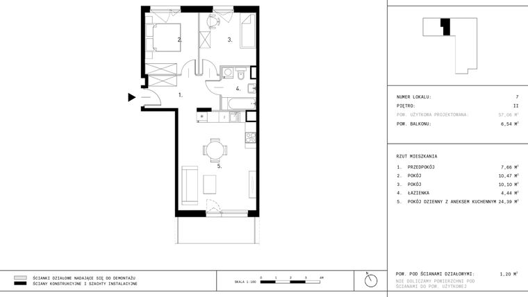 Rzut - Mieszkanie na sprzedaż 3 pokoje o powierzchni 57,06 m² - numer A1.7 w Dzikiej Jabłoni 6A