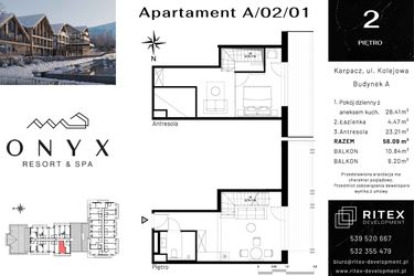 Rzut - Mieszkanie na sprzedaż 1 pokój o powierzchni 56,09 m² - numer 02.A1 w Onyx Resort & Spa