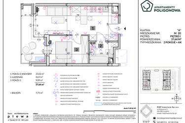 Rzut - Mieszkanie na sprzedaż 2 pokoje o powierzchni 37,64 m² - numer 20 w Apartamenty Poligonowa etap 5