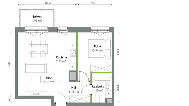 Rzut - Mieszkanie na sprzedaż 2 pokoje o powierzchni 45,52 m² - numer 1/A/2/90 w Oliwska Vita