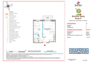 Rzut - Mieszkanie na sprzedaż 2 pokoje o powierzchni 44,15 m² - numer 21 w Zielone Sady etap III B2