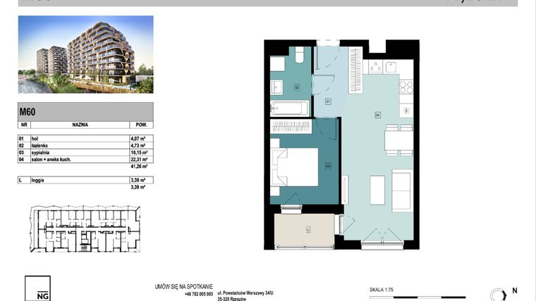 Rzut - Mieszkanie na sprzedaż 2 pokoje o powierzchni 41,22 m² - numer E60 w Panorama Kwiatkowskiego