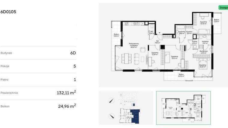 Rzut - Mieszkanie na sprzedaż 5 pokoi o powierzchni 132,11 m² - numer 6D0105 w Jaśminowy Mokotów etap VI
