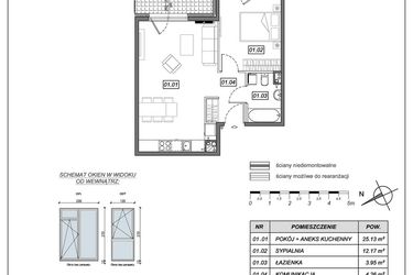 Rzut - Mieszkanie na sprzedaż 2 pokoje o powierzchni 45,51 m² - numer 9.B.01 w Nowe Południe bud. 9