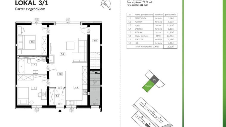 Rzut - Mieszkanie na sprzedaż 3 pokoje o powierzchni 75,2 m² - numer 3/1 w Szczęśliwa Polana