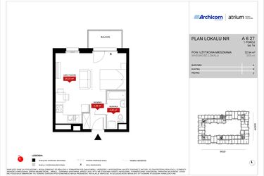 Rzut - Mieszkanie na sprzedaż 1 pokój o powierzchni 32,94 m² - numer A6 27 w Atrium - Nowy Szczepin