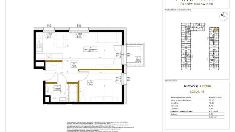Rzut - Mieszkanie na sprzedaż 2 pokoje o powierzchni 43,16 m² - numer 15 w Aura Nova etap II