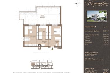 Rzut - Mieszkanie na sprzedaż 3 pokoje o powierzchni 52,92 m² - numer M-3 w Kameralne