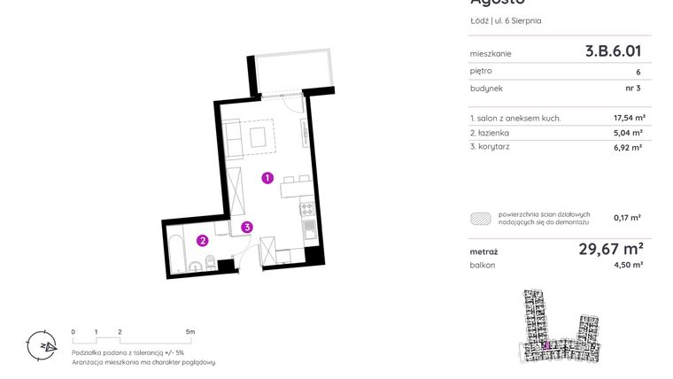Rzut - Mieszkanie na sprzedaż 1 pokój o powierzchni 29,71 m² - numer 3.B.6.01 w Murapol Agosto