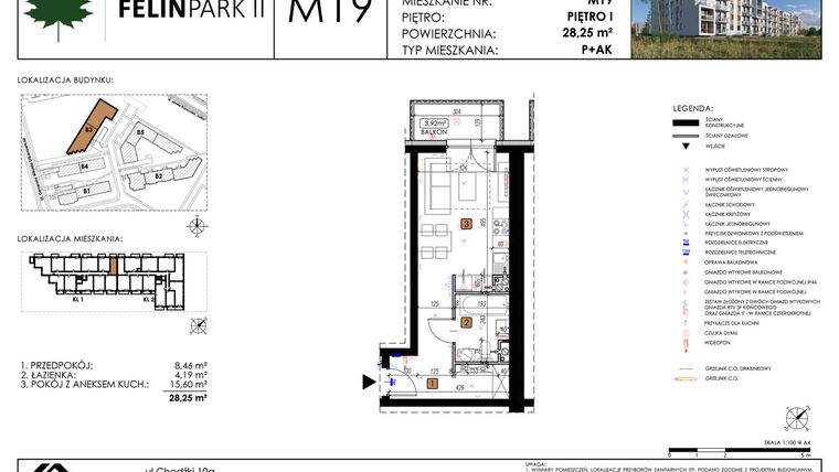 Rzut - Mieszkanie na sprzedaż 1 pokój o powierzchni 28,32 m² - numer M19 w Felin Park II etap 2