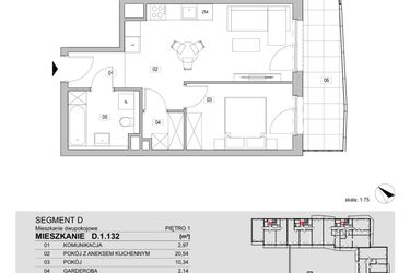 Rzut - Mieszkanie na sprzedaż 2 pokoje o powierzchni 41,84 m² - numer D.1.132 w ATAL Unii Lubelskiej