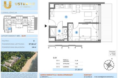Rzut - Mieszkanie na sprzedaż 1 pokój o powierzchni 37,58 m² - numer 0.1 w Ustronie Luxury Apartments