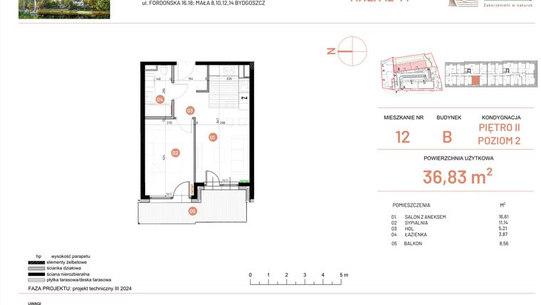 Rzut - Mieszkanie na sprzedaż 2 pokoje o powierzchni 36,83 m² - numer 12.12 w Osiedle Nowe Horyzonty etap III