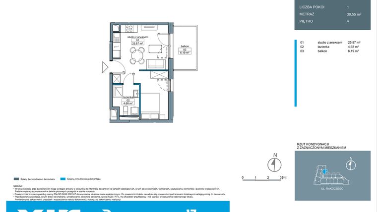 Rzut - Mieszkanie na sprzedaż 1 pokój o powierzchni 30,62 m² - numer A.4.13 w Rakoczego 17