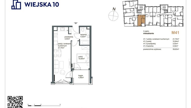 Rzut - Mieszkanie na sprzedaż 2 pokoje o powierzchni 39,63 m² - numer 41 w Wiejska 10