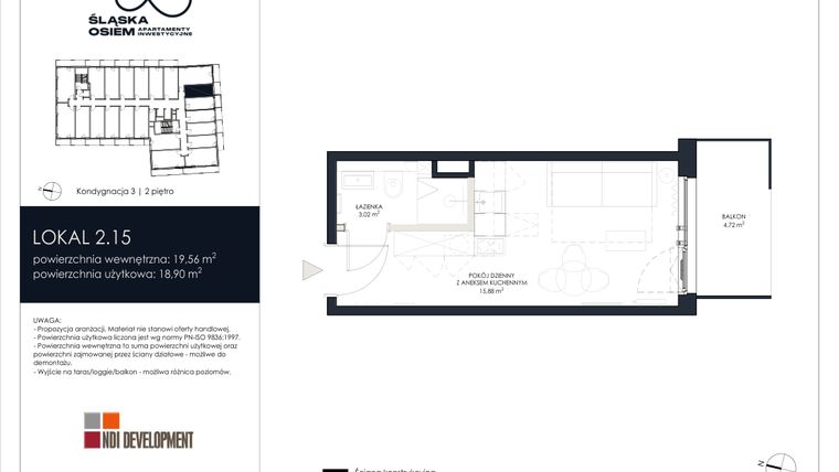 Rzut - Mieszkanie na sprzedaż 1 pokój o powierzchni 19,56 m² - numer 2.15 w Śląska Osiem