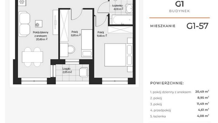 Rzut - Mieszkanie na sprzedaż 3 pokoje o powierzchni 49,62 m² - numer G1-57 w Piasta Park VI
