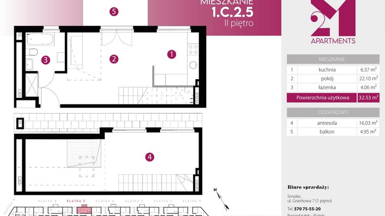 Rzut - Mieszkanie na sprzedaż 2 pokoje o powierzchni 48,56 m² - numer 1.C.2.5 w 2M Apartments etap IV