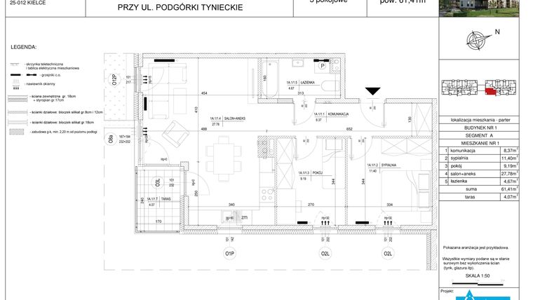 Rzut - Mieszkanie na sprzedaż 3 pokoje o powierzchni 61,41 m² - numer A1 w Podgórki Tynieckie
