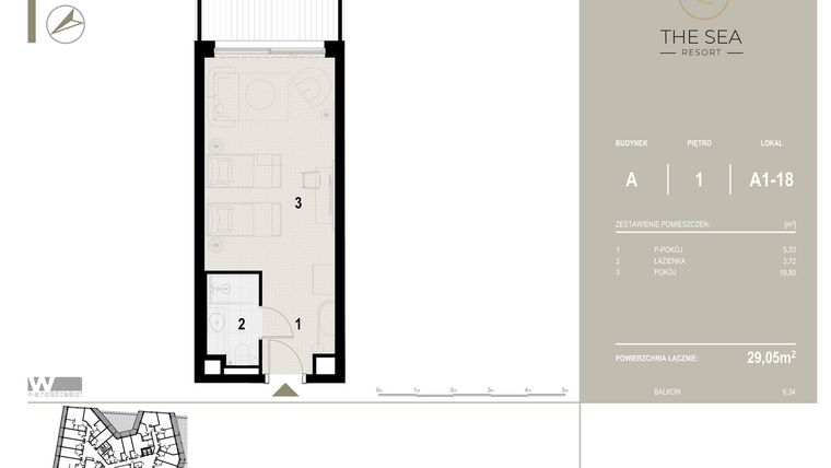 Rzut - Mieszkanie na sprzedaż 1 pokój o powierzchni 29,05 m² - numer A1-18 w The Sea Resort Międzyzdroje