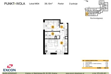 Rzut - Mieszkanie na sprzedaż 2 pokoje o powierzchni 39,13 m² - numer M04 w Punkt Wola