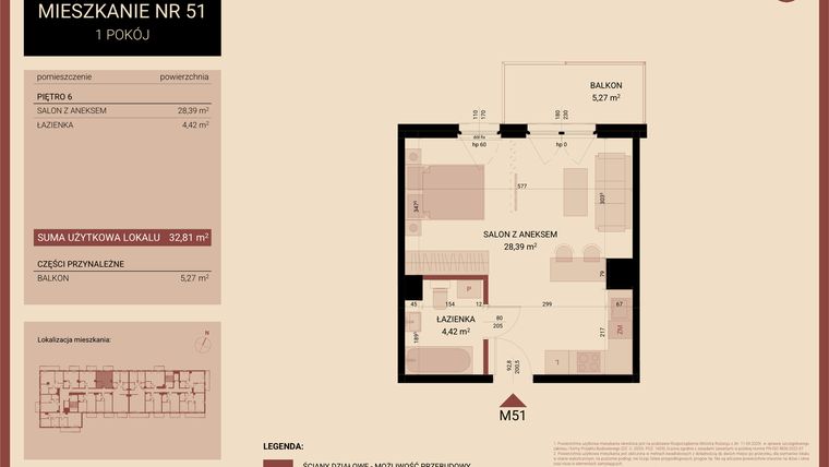 Rzut - Mieszkanie na sprzedaż 1 pokój o powierzchni 32,81 m² - numer 51 w Artepolis