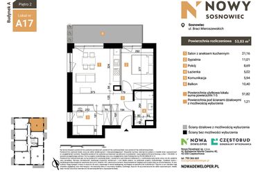 Rzut - Mieszkanie na sprzedaż 3 pokoje o powierzchni 53,03 m² - numer A17 w Nowy Sosnowiec