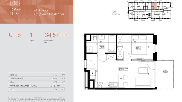 Rzut - Mieszkanie na sprzedaż 2 pokoje o powierzchni 34,57 m² - numer M18_NF.c w Nowe Flisy II