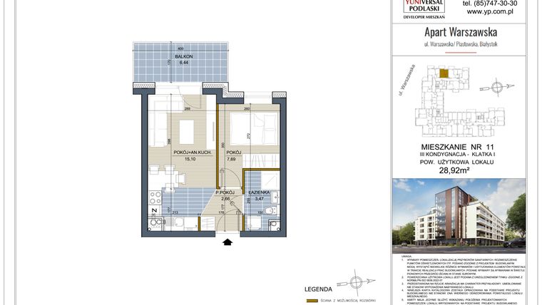 Rzut - Mieszkanie na sprzedaż 2 pokoje o powierzchni 28,92 m² - numer 11 w Apart Warszawska