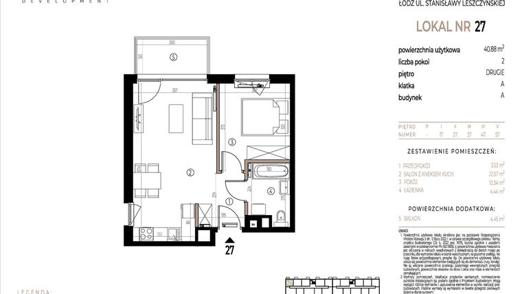 Rzut - Mieszkanie na sprzedaż 2 pokoje o powierzchni 40,88 m² - numer A027 w Ustronna