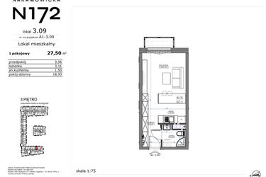 Rzut - Mieszkanie na sprzedaż 1 pokój o powierzchni 27,5 m² - numer 03.09 w Naramowicka 172