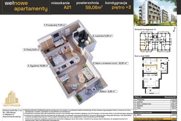 Rzut - Mieszkanie na sprzedaż 3 pokoje o powierzchni 59,42 m² - numer A21 w Osiedle Wełnowe Apartamenty