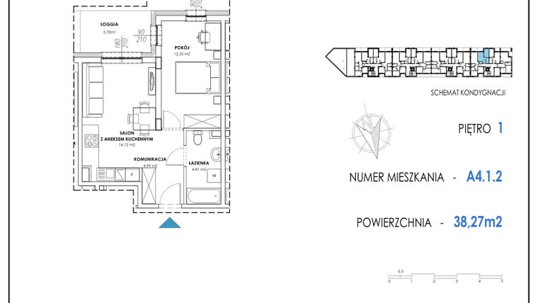 Rzut - Mieszkanie na sprzedaż 2 pokoje o powierzchni 38,27 m² - numer A4.1.2 w Apartamenty Nowe Miasto