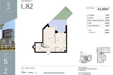 Rzut - Mieszkanie na sprzedaż 2 pokoje o powierzchni 41,93 m² - numer L82 w Sky Trust etap II - apartamenty inwestycyjne 23% VAT PRS