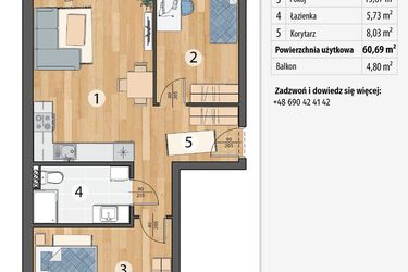 Rzut - Mieszkanie na sprzedaż 3 pokoje o powierzchni 60,69 m² - numer G1-06 w Smolec pod Wrocławem Dobry Deweloper Milo