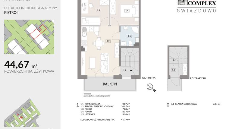 Rzut - Mieszkanie na sprzedaż 3 pokoje o powierzchni 44,67 m² - numer A51.2 w Osiedle Gwiazdowo etap 6B