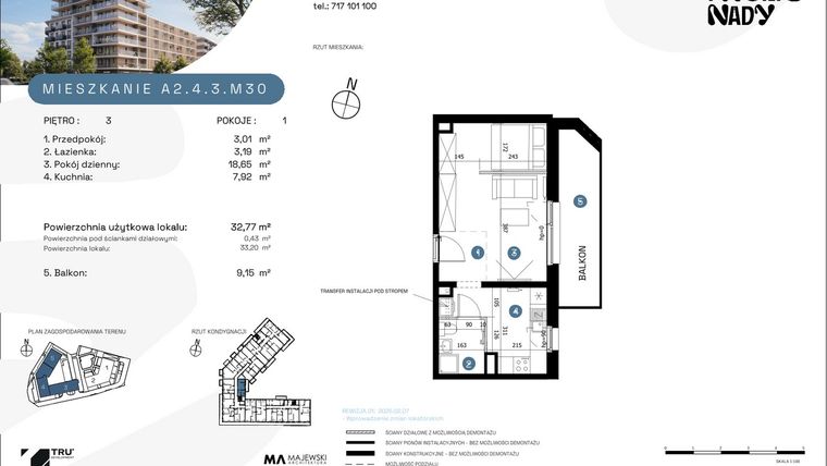 Rzut - Mieszkanie na sprzedaż 1 pokój o powierzchni 32,77 m² - numer A2.4.3.M30 w Nowe Promenady