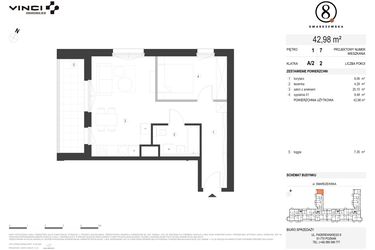 Rzut - Mieszkanie na sprzedaż 2 pokoje o powierzchni 42,98 m² - numer A/2/1.7 w Smardzewska 8