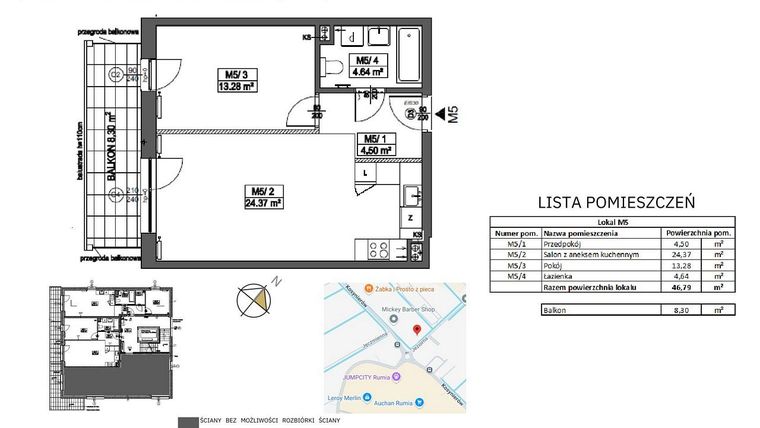 Rzut - Mieszkanie na sprzedaż 2 pokoje o powierzchni 46,79 m² - numer M5 w Jeziorna 1