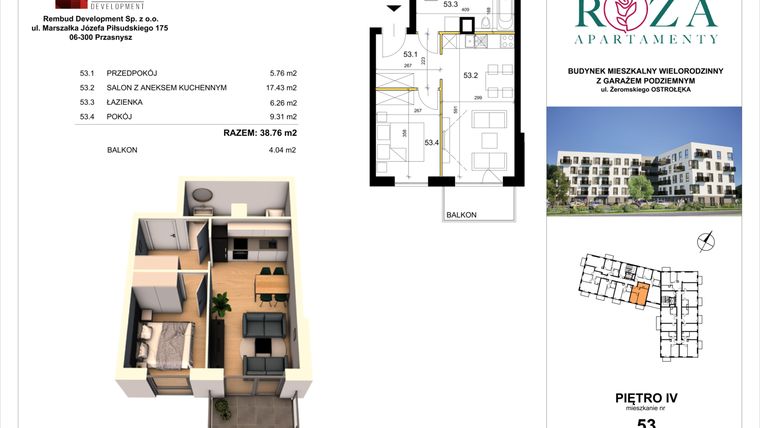 Rzut - Mieszkanie na sprzedaż 2 pokoje o powierzchni 38,76 m² - numer M  53 w Apartamenty Róża