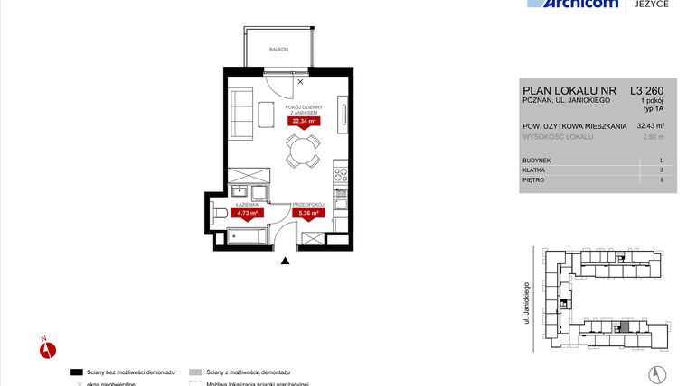 Rzut - Mieszkanie na sprzedaż 1 pokój o powierzchni 32,43 m² - numer L3.260 w Wieża Jeżyce etap VI