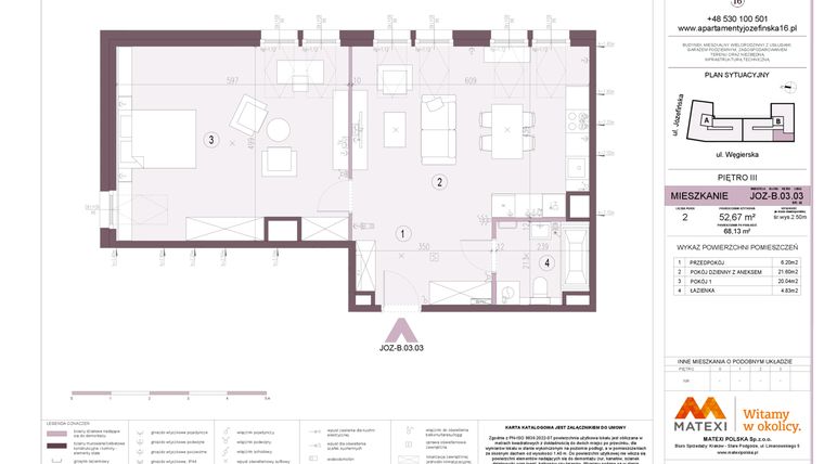 Rzut - Mieszkanie na sprzedaż 2 pokoje o powierzchni 52,67 m² - numer B.03.03 w Apartamenty Józefińska