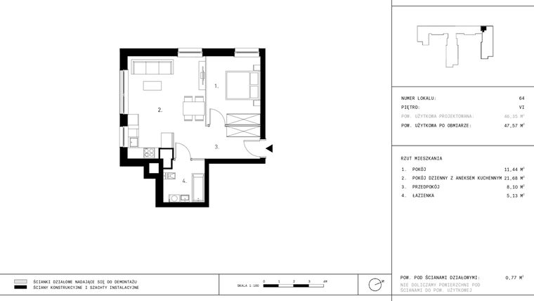 Rzut - Mieszkanie na sprzedaż 2 pokoje o powierzchni 47,57 m² - numer 6.A40 w Staszica 3