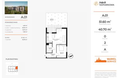 Rzut - Mieszkanie na sprzedaż 2 pokoje o powierzchni 51,6 m² - numer A.01 w Nowa Namiarkowa
